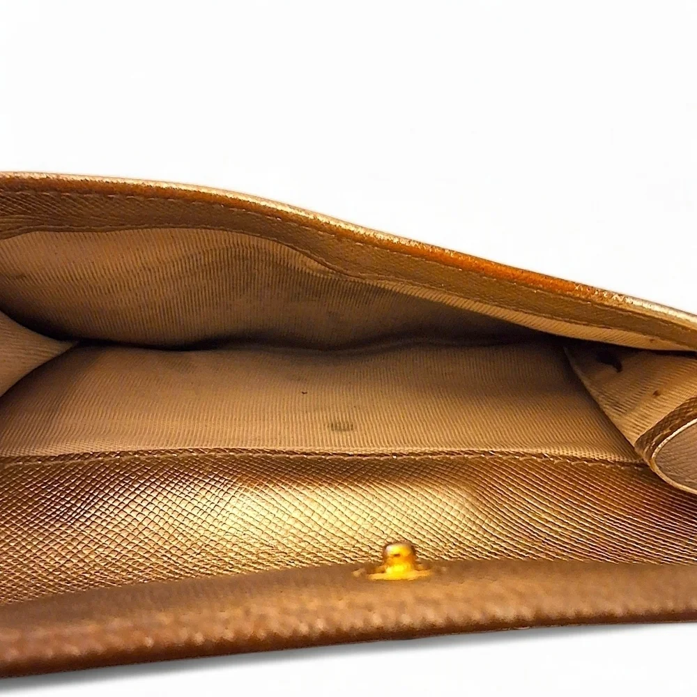 Prada Saffiano Leather Compact Wallet in Metallic Oro Gold with COA